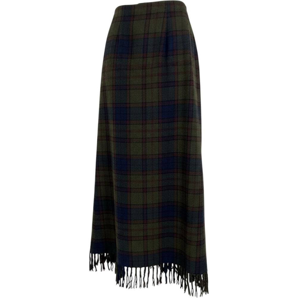 Worthington Maxi Skirt Women 10P Green Plaid Wool Blend Fringe Hem Dark Academia
